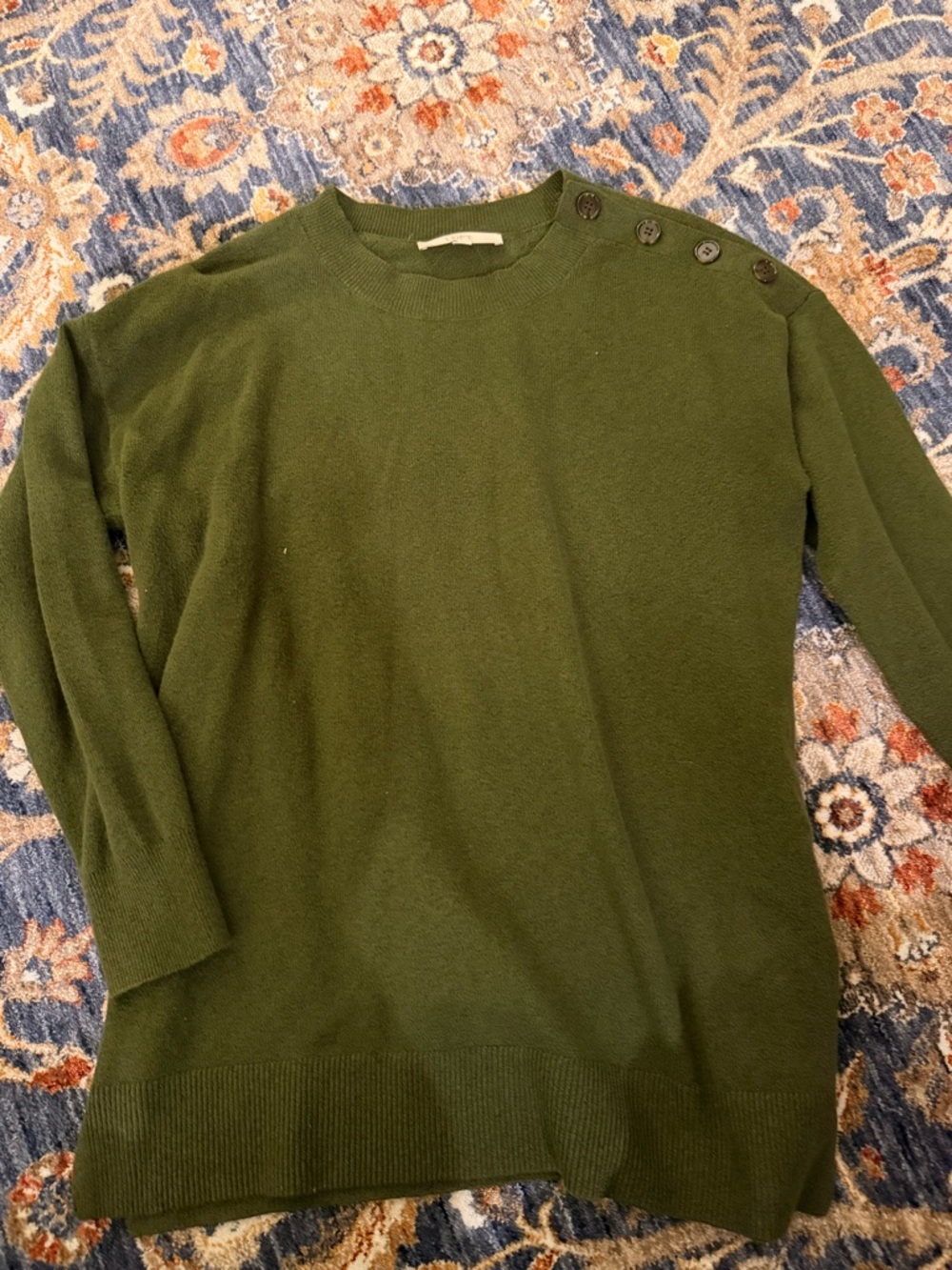 LOFT Olive Green Button-Shoulder Crewneck Sweater